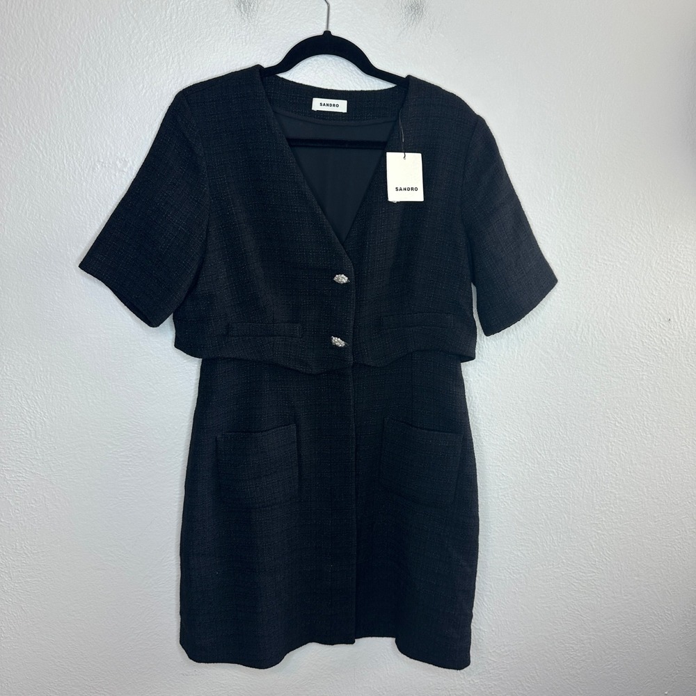 Sandro Manhattan Black Tweed Mini Dress SFPRO03142 Noir Sz 42 NEW - Picture 4 of 10